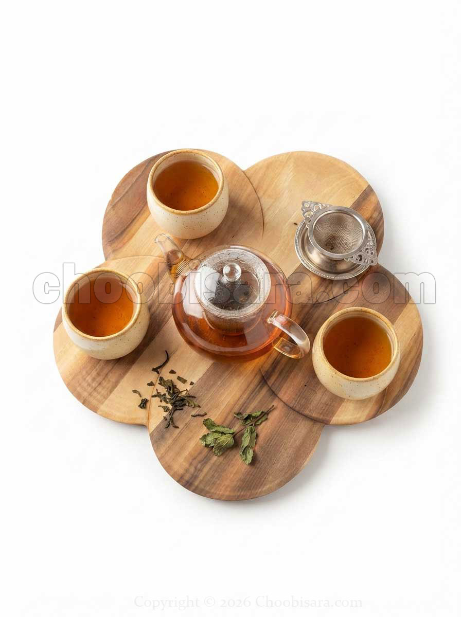 سینی سرو طرح گل ۵ پر چوب گردو ۲۹ سانتیمتری کد 388