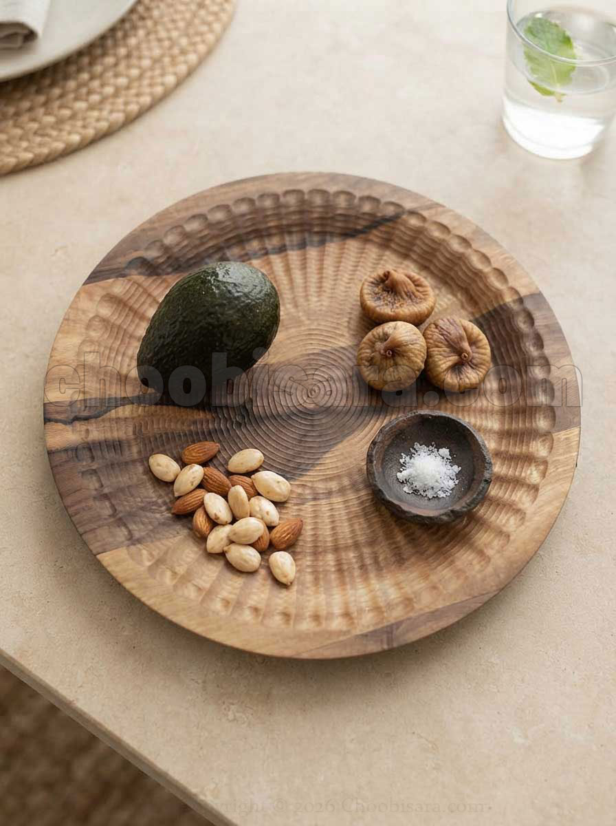 سینی سرو و پذیرایی چوبی گرد هاشور خورده ۲۷ سانتیمتری کد 405