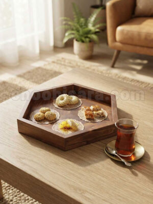 گزخوری و سینی پذیرایی چوبی شش ضلعی ۲۷ سانتیمتری کد 406